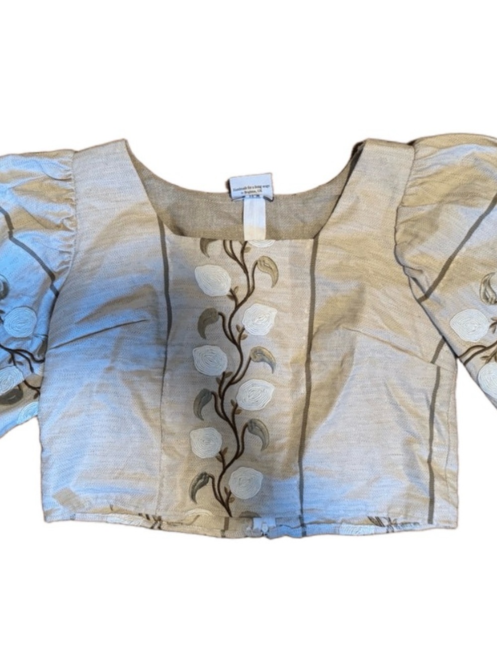 Embroidered Cream Puff Sleeve Crop Blouse